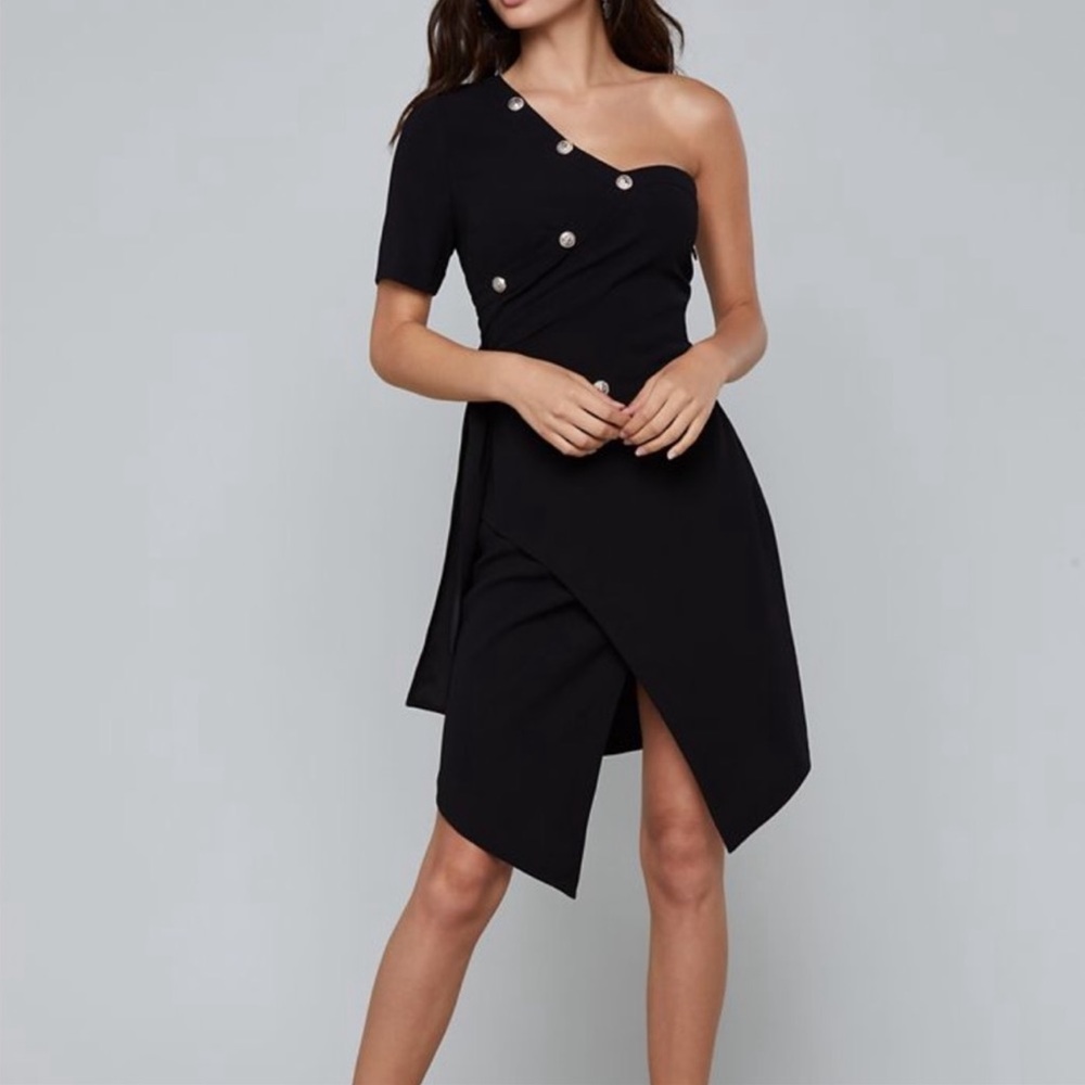 🆕 Bebe One Shoulder Black Asymmetrical Dress Crest Silver Buttons